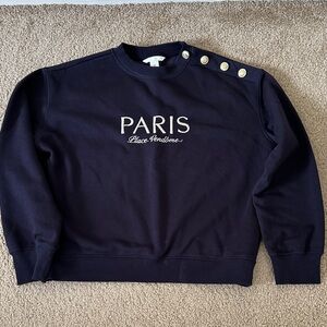 H&M Navy Crewneck Sweater with 'PARIS' Embroidery and Shoulder Buttons